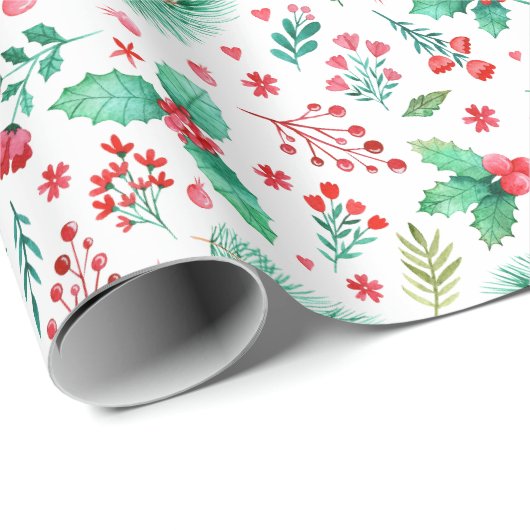 水の色ホリー、松と赤の果実のクリスマス ラッピングペーパー (ロールコーナー)