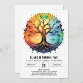 水の色ボヘミアンツリーオブライフ誕生日 招待状 (正面/裏面)