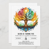 水の色ボヘミアンツリーオブライフ誕生日 招待状 (正面/裏面)