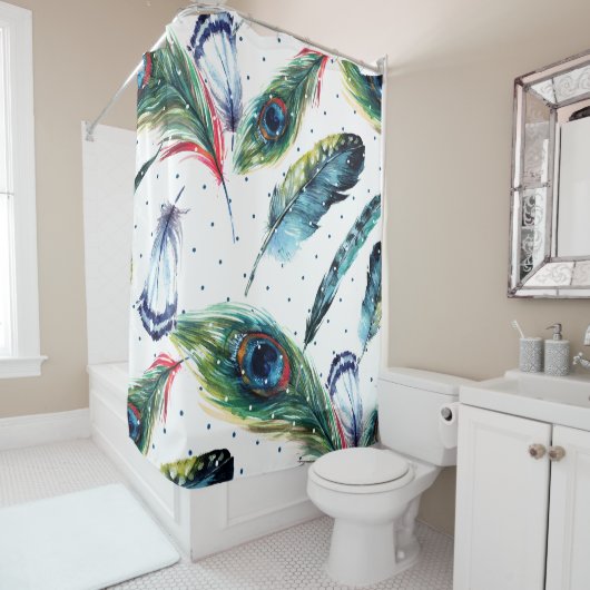 水の色ボホカラフル羽イラストレーション シャワーカーテン (インサイチュ)