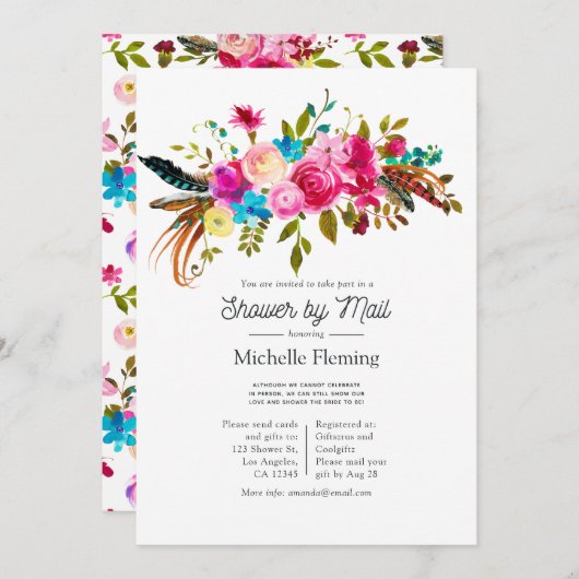 水の色ボホシックフローラブライダルシャワーバイメール 招待状 (正面/裏面)