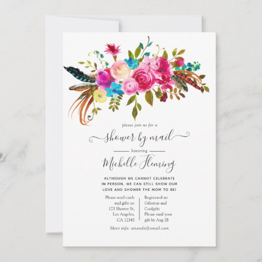 水の色ボホシックフローラベビーシャワーbyメール 招待状 (正面)