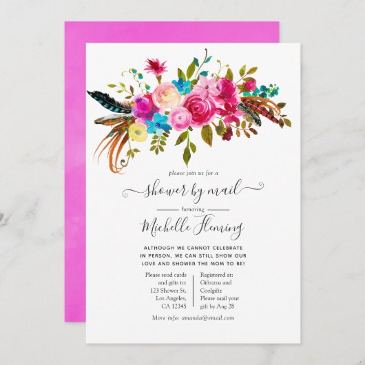 水の色ボホシックフローラベビーシャワーbyメール 招待状 (正面/裏面)