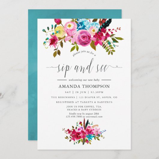 水の色ボホシックフローラsipと参照 招待状 (正面/裏面)