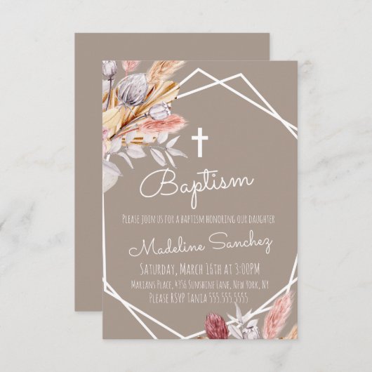 水の色ボホバプティスフレームベビー献身 招待状 (正面/裏面)