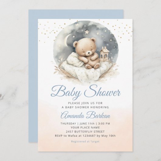 水の色ボホブルーテディベア男の子の赤ちゃんシャワー 招待状 (正面/裏面)