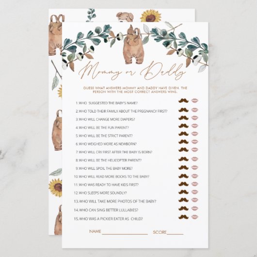 水の色ボホママまたはパパ赤ちゃんシャワーゲーム (正面/裏面)