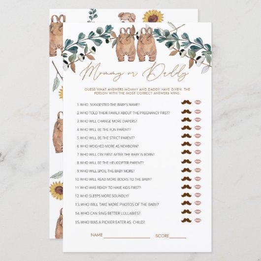 水の色ボホママまたはパパ赤ちゃんシャワーゲーム (正面/裏面)