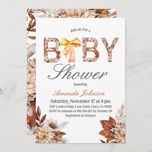 水の色ボホ秋フローラボウベイビーシャワー 招待状 (正面/裏面)