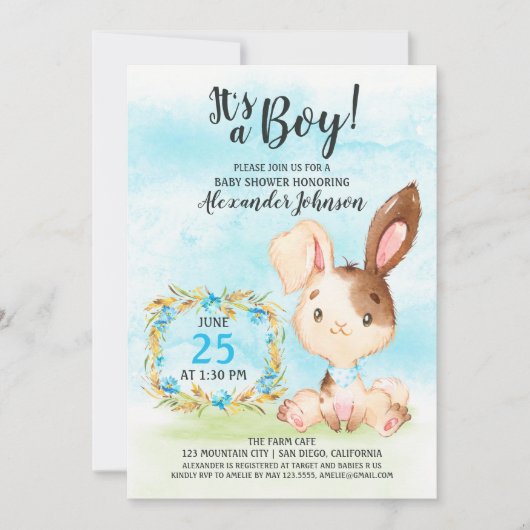 水の色ボーイバニーベビーシャワーファーム招待状 招待状 (正面)