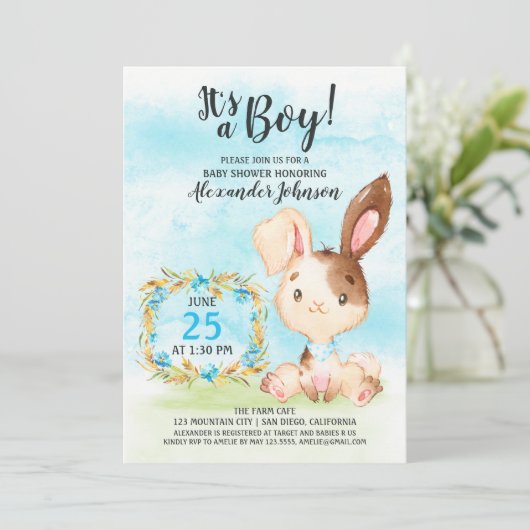 水の色ボーイバニーベビーシャワーファーム招待状 招待状 (スタンド正面)