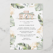 水の色ボーイパームサファリベイビーシャワーバラ金ゴールド 箔招待状 (正面)