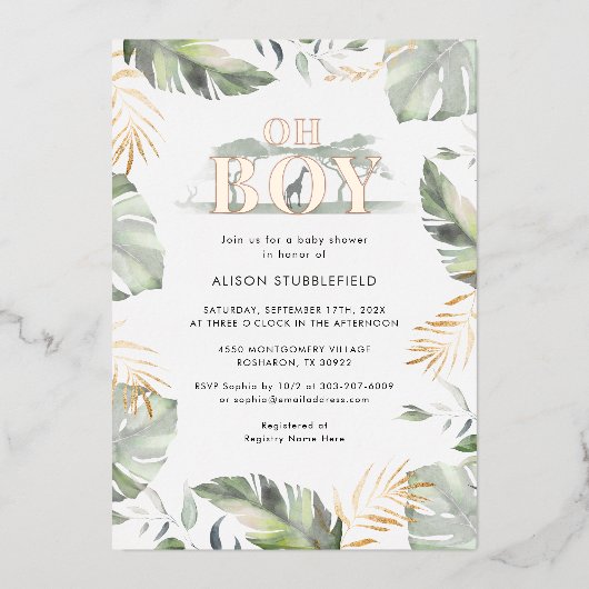 水の色ボーイパームサファリベイビーシャワーバラ金ゴールド 箔招待状 (正面)