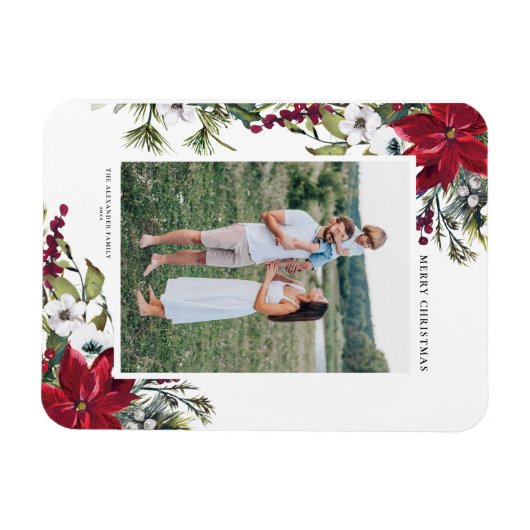 水の色ポインセチアとモミ葉の休日の写真 マグネット (横)