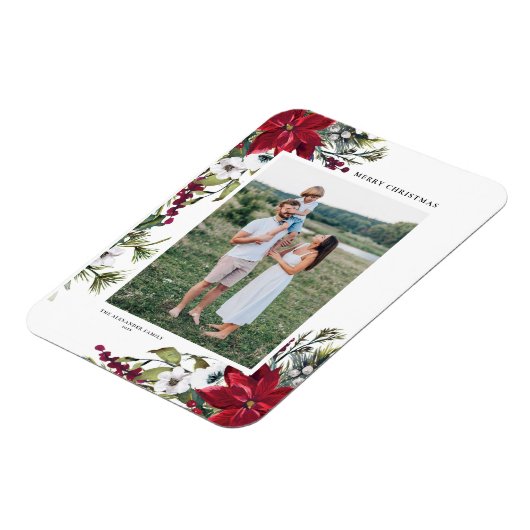 水の色ポインセチアとモミ葉の休日の写真 マグネット (左側)