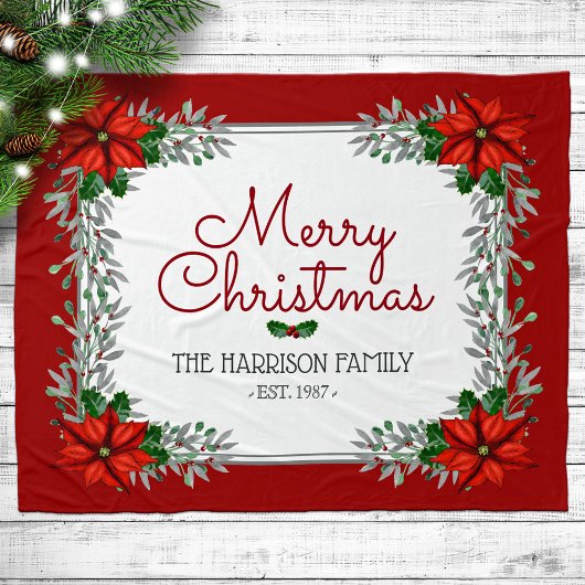 水の色ポインセチアパーソナライズされたメリークリスマス フリースブランケット