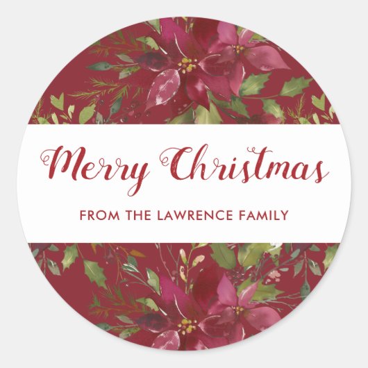 水の色ポインセチアメリークリスマスホリデー ラウンドシール (正面)