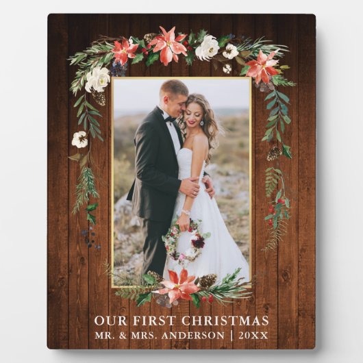 水の色ポインセチア木材の私たちの初めてのクリスマス フォトプラーク (正面)