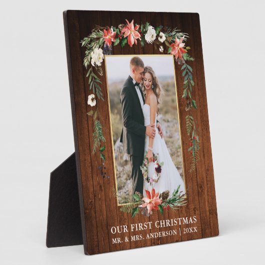 水の色ポインセチア木材の私たちの初めてのクリスマス フォトプラーク (側面)