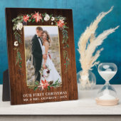 水の色ポインセチア木材の私たちの初めてのクリスマス フォトプラーク (側面)