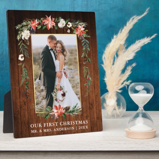 水の色ポインセチア木材の私たちの初めてのクリスマス フォトプラーク (側面)