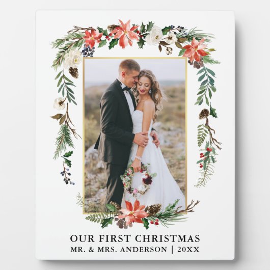 水の色ポインセチア私たちの初めてのクリスマス写真 フォトプラーク (正面)