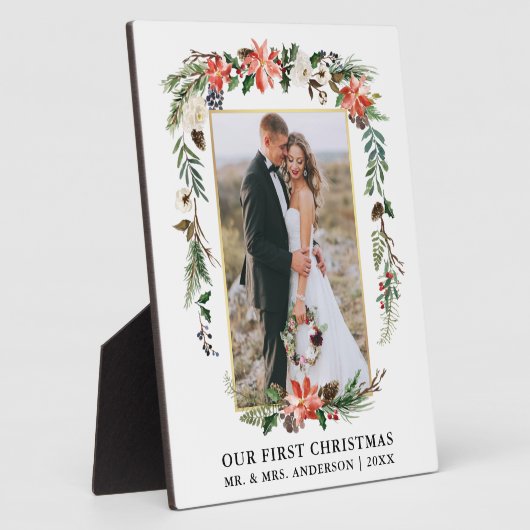 水の色ポインセチア私たちの初めてのクリスマス写真 フォトプラーク (側面)