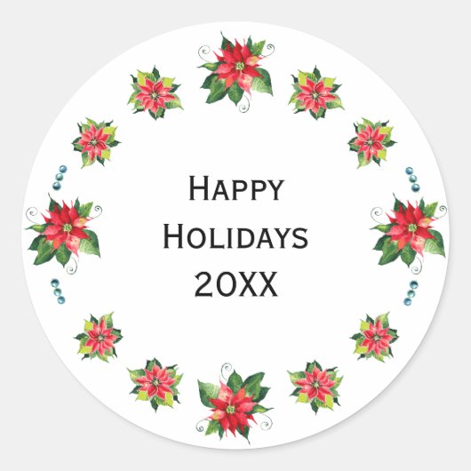 水の色ポインセチア – ホリデーサークルステッカー ラウンドシール (正面)