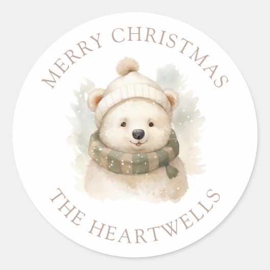 水の色ポーラベアメリーパーソナライズされたクリスマス ラウンドシール (正面)