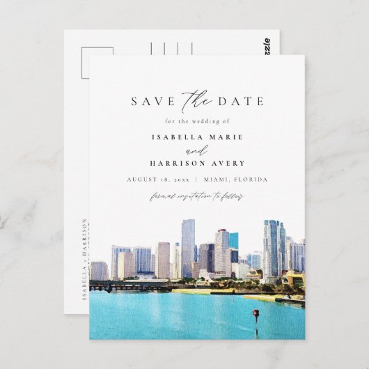 水の色マイアミフロリダスカイライン日付を保存 ポストカード (正面/裏面)