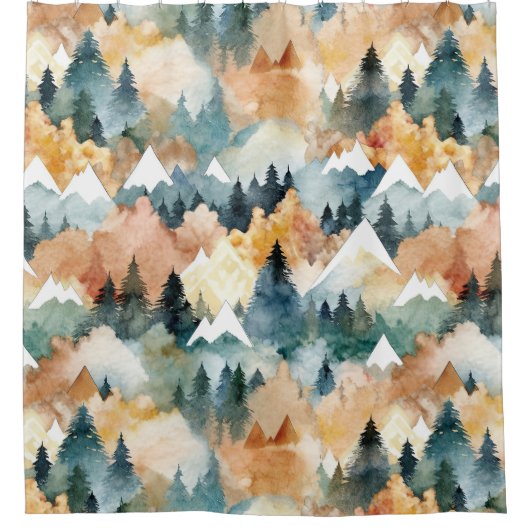 水の色マウンテンズランドケープオレンジと緑 シャワーカーテン (正面)