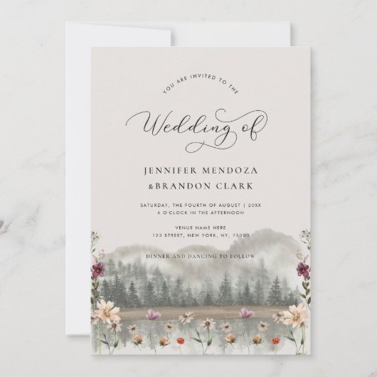 水の色マウンテンズワイルドフラワーズボホ秋の結婚式 招待状 (正面)