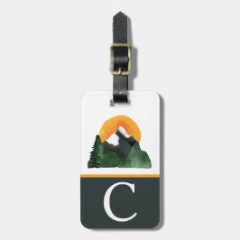 水の色マウンテンビュー、日没、キッズイニシャル ラゲッジタグ