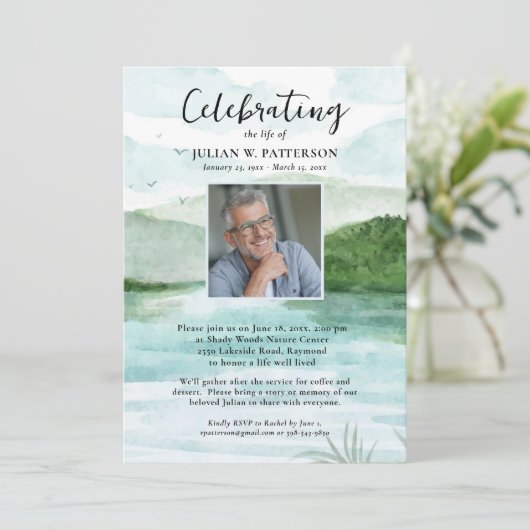 水の色マウンテンレイクお祝いの写真 招待状 (スタンド正面)