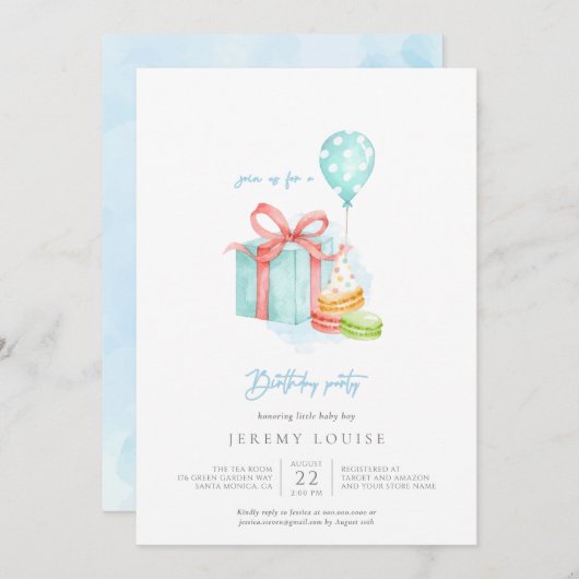 水の色マカロン男の赤ちゃん誕生日パーティーInvite 招待状 (正面/裏面)