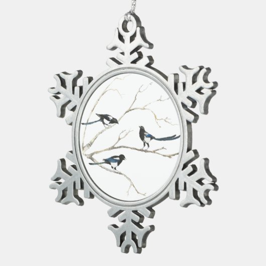 水の色マグパイファミリーバードツリー自然アート スノーフレークピューターオーナメント (右)