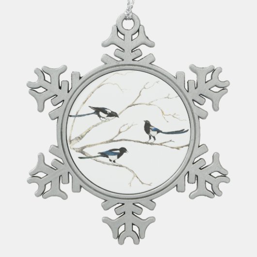 水の色マグパイファミリーバードツリー自然アート スノーフレークピューターオーナメント (正面)