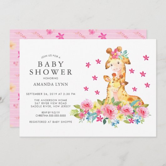 水の色ママベビーキリン赤ちゃん女の子シャワー 招待状 (正面/裏面)