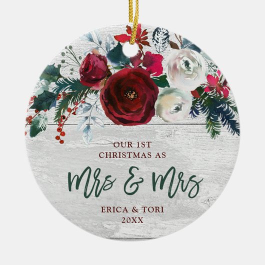 水の色マルーンパーソナライズされたフローラミセスとミセス セラミックオーナメント (正面)