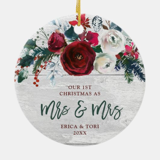 水の色マルーンパーソナライズされたフローラミセスとミセス セラミックオーナメント (裏面)