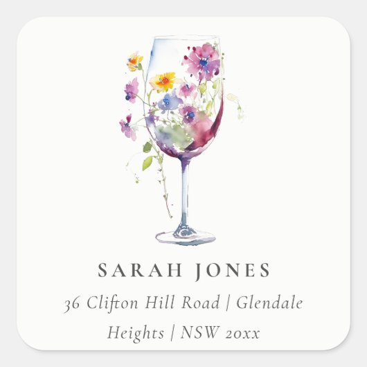 水の色ミニマルフローラワインガラスアドレス スクエアシール (正面)