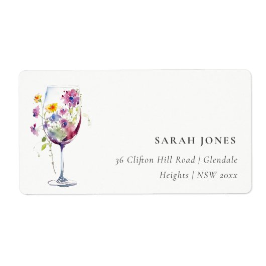 水の色ミニマルフローラワインガラスアドレス ラベル (正面)