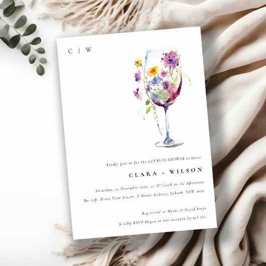 水の色ミニマルフローラワイングラスのカップラーシャワー 招待状