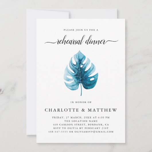 水の色ミニマル熱帯の葉のリハーサルディナー 招待状 (正面)