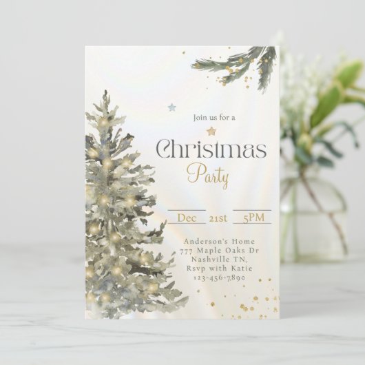 水の色ミュートされたクリスマスツリーのクリスマスパーティー 招待状 (スタンド正面)