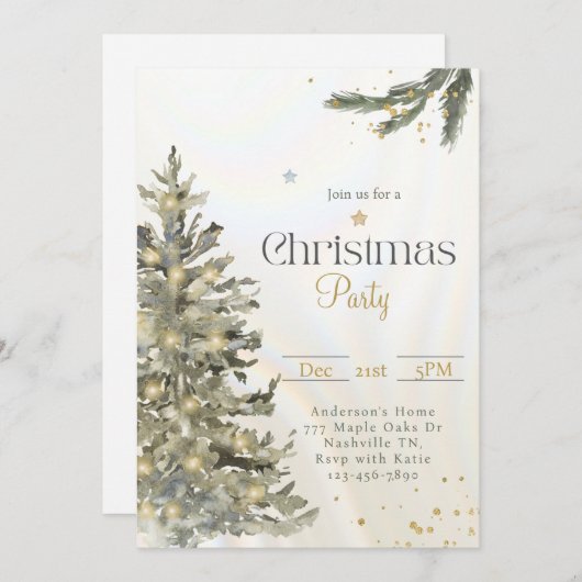 水の色ミュートされたクリスマスツリーのクリスマスパーティー 招待状 (正面/裏面)