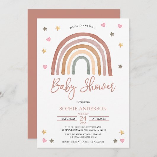 水の色ミュートされたトーンボホレインボーベビーシャワー 招待状 (正面/裏面)