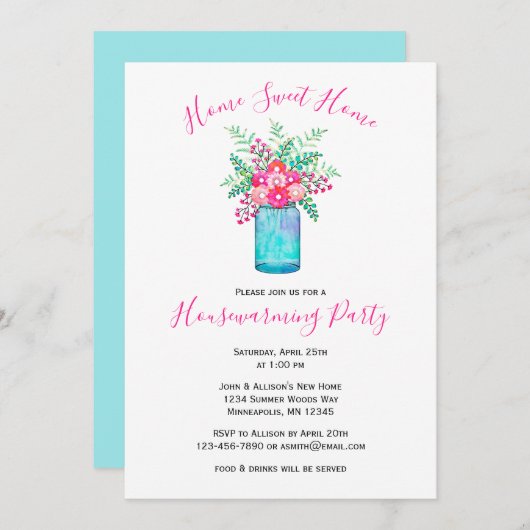 水の色メイスンジャーブーケット |フローラ引っ越し祝いパーティー 招待状 (正面/裏面)