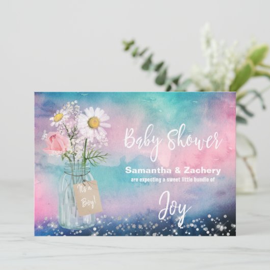 *~*水の色メイスンジャー素朴ベビーシャワーフローラ 招待状 (スタンド正面)
