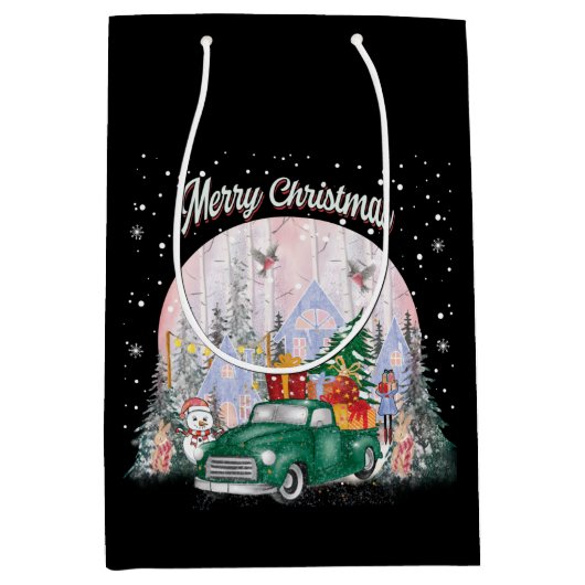 水の色メリークリスマスギフトの車 ミディアムペーパーバッグ (正面)